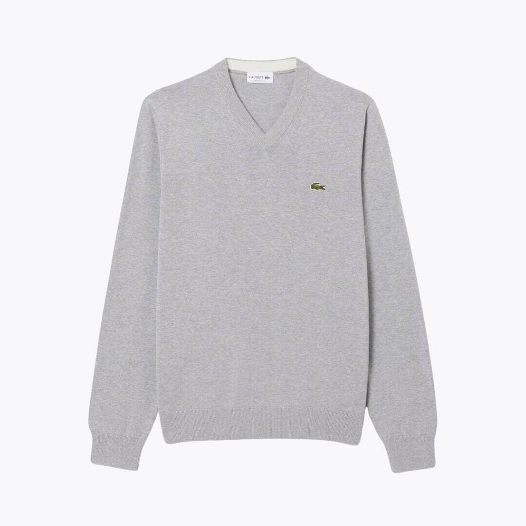 Lacoste Monochrome Cotton V-Neck Sweater LS Grey S