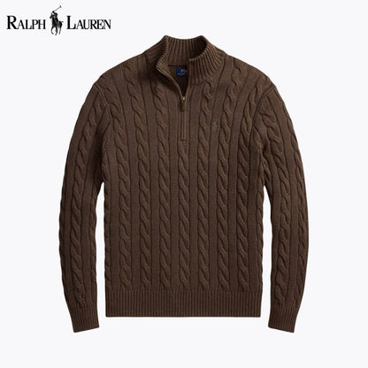 Ralph Lauren Chunky Cable-Knit Cotton Quarter-Zip Sweater LS Brown S