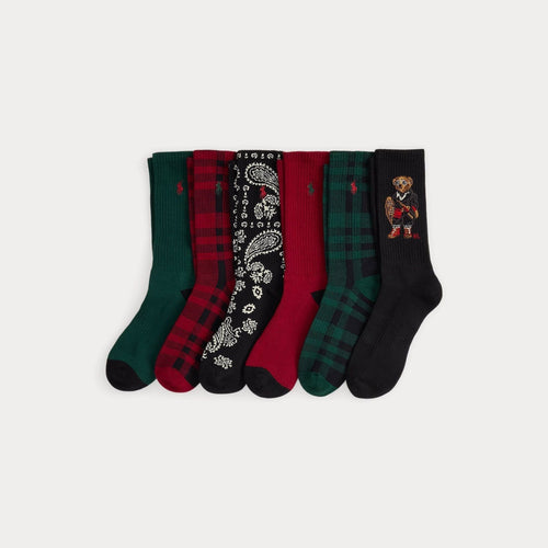 Ralph Lauren Polo Bear Cotton-Blend Crew Sock 6-Pack LS Red/Green/Black