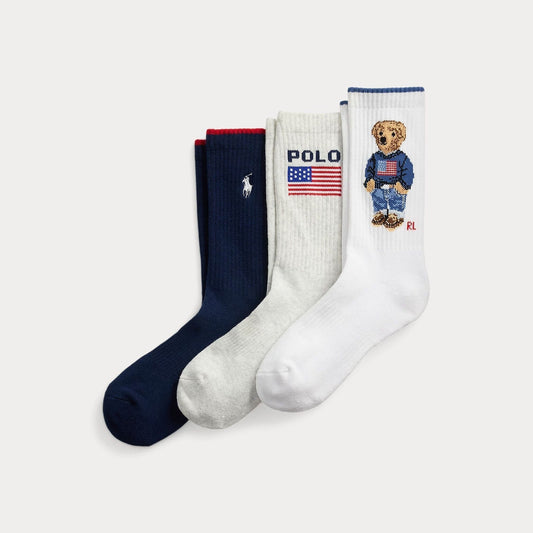 Ralph Lauren Polo Bear Logo Crew Sock 3-Pack LS White/Navy/Grey